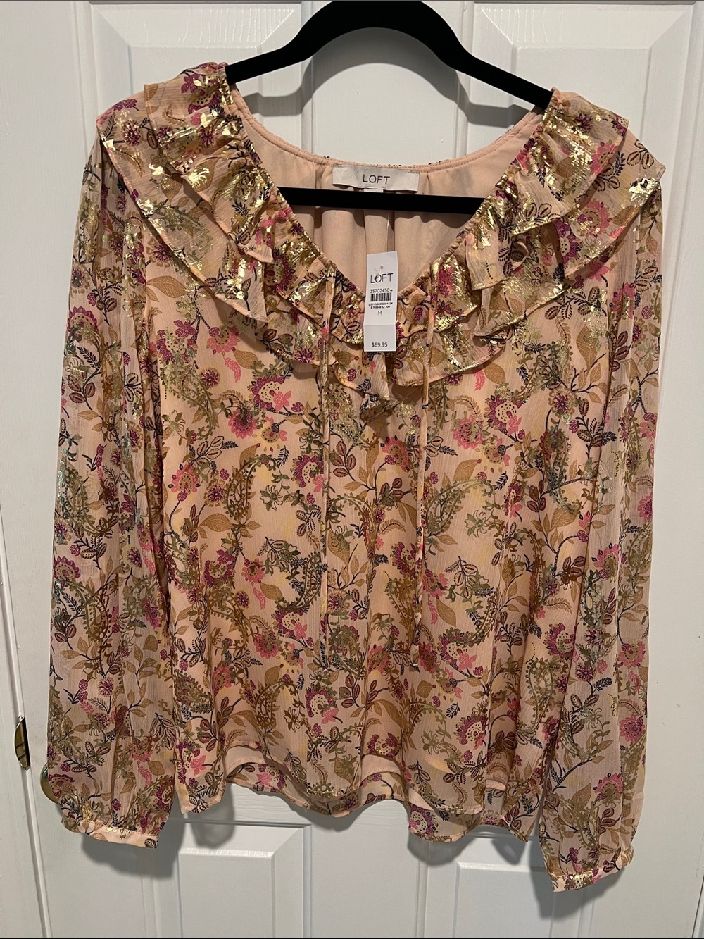 LOFT Peach Floral Ruffle V-Neck Blouse with Pink and Gold Accents